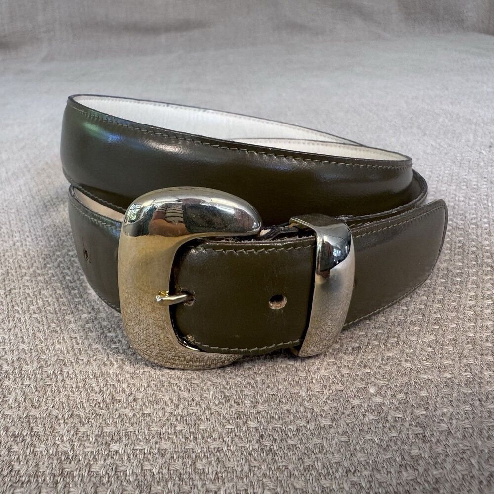 Vintage Calderon Army Green Belt Genuine Leather Medium Gold Buckle Classic 538